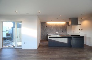 存在感あるアイランド型キッチンを中心とした平屋の家